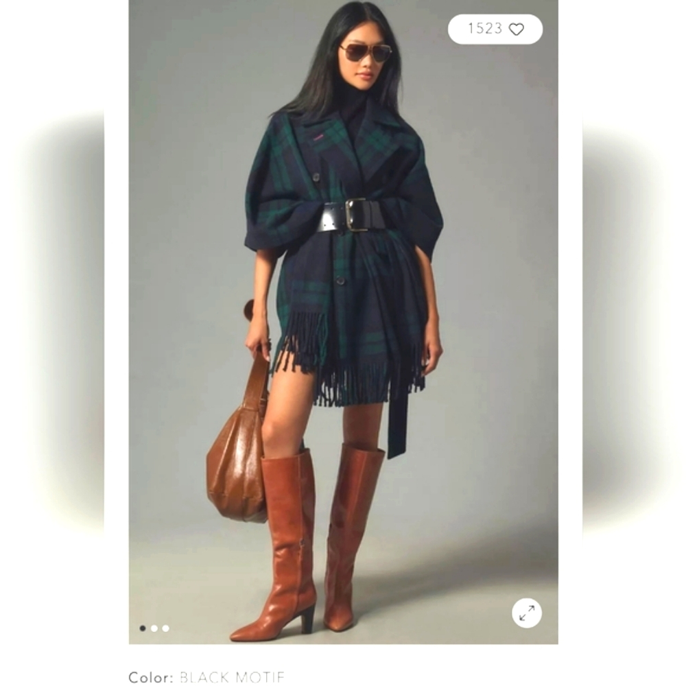 💖💖 NWT Avec Les Filles Anthropologie Plaid Cape Coat with Belt and Fringe XL